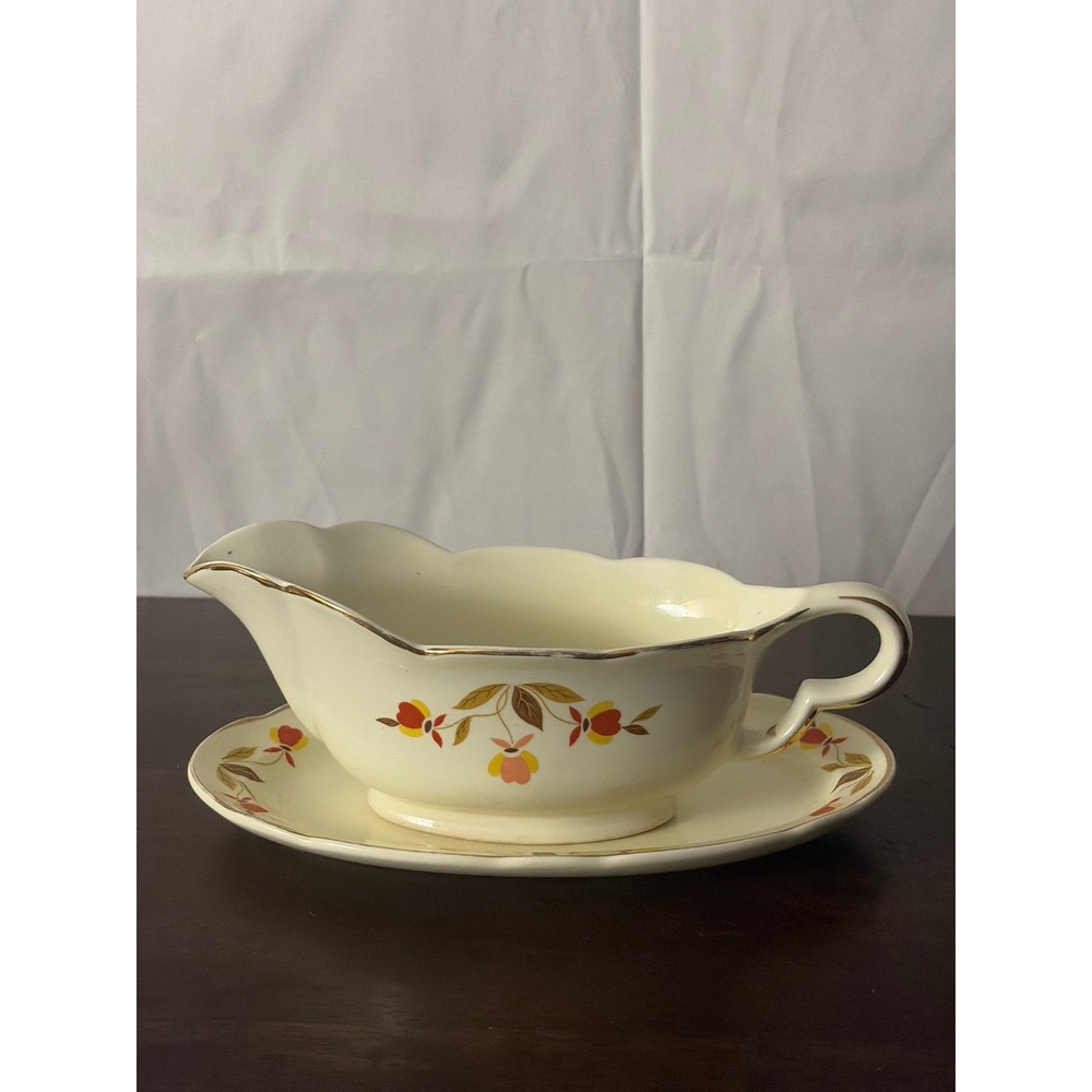 Hall China Autumn Leaf‎ Gravy Boat and Underplate Jewel Tea Co Vintage Gold Trim